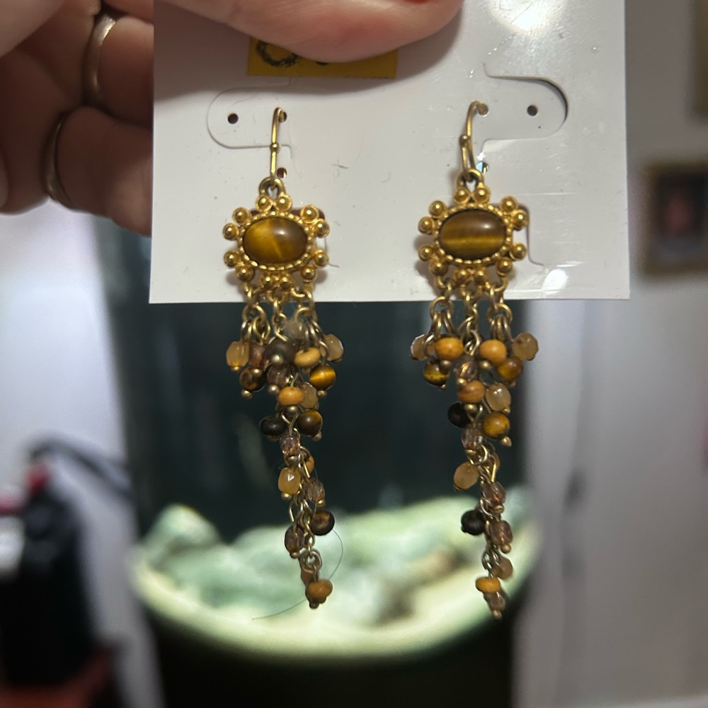 Chic Gold and Black Cats eye Beaded Dangle Earrings